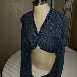 Denim blue dyed cotton knit shrug.